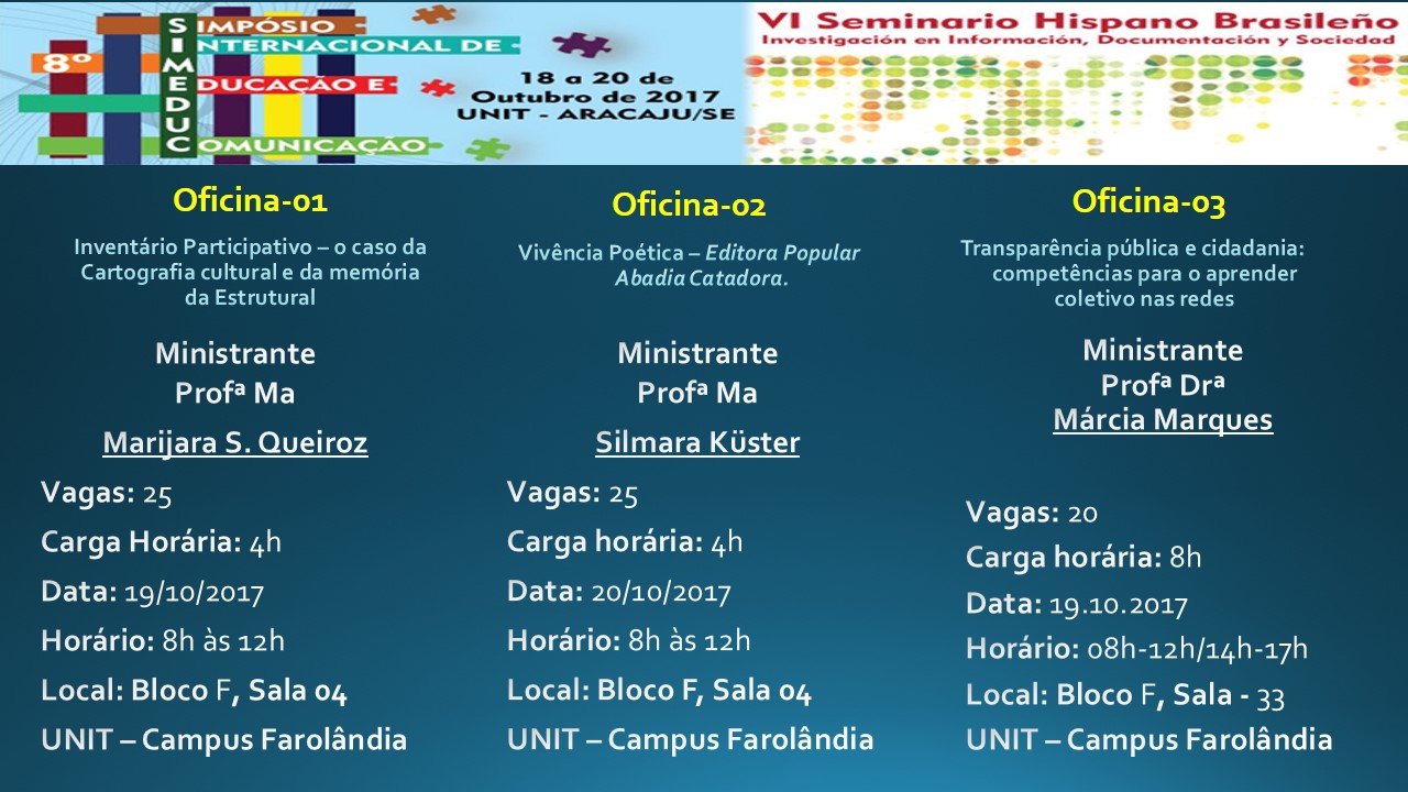 [:pt]O VI SEMINARIO HISPANO-BRASILEÑO DE INVESTIGACIÓN EN INFORMACIÓN, DOCUMENTACIÓN E SOCIEDAD, estará disponibilizando 3 Oficinas[:]