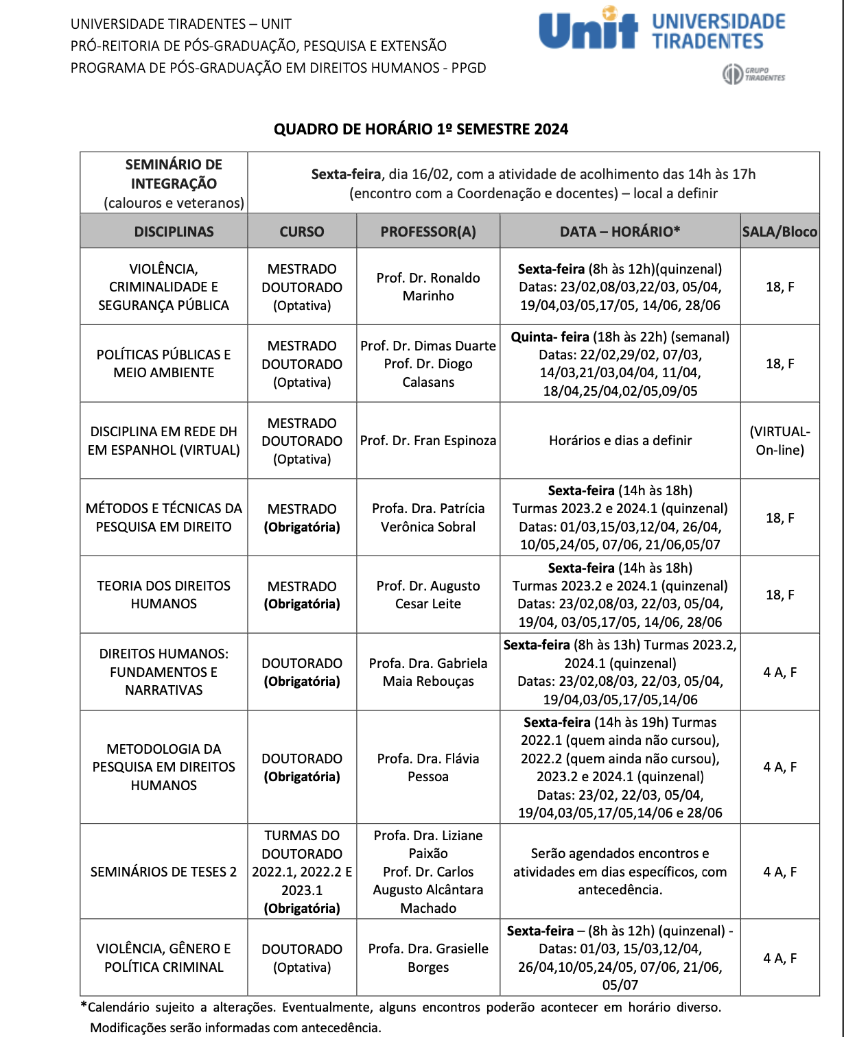 Está disponível a grade de horários das disciplinas ofertadas no semestre 2024.1